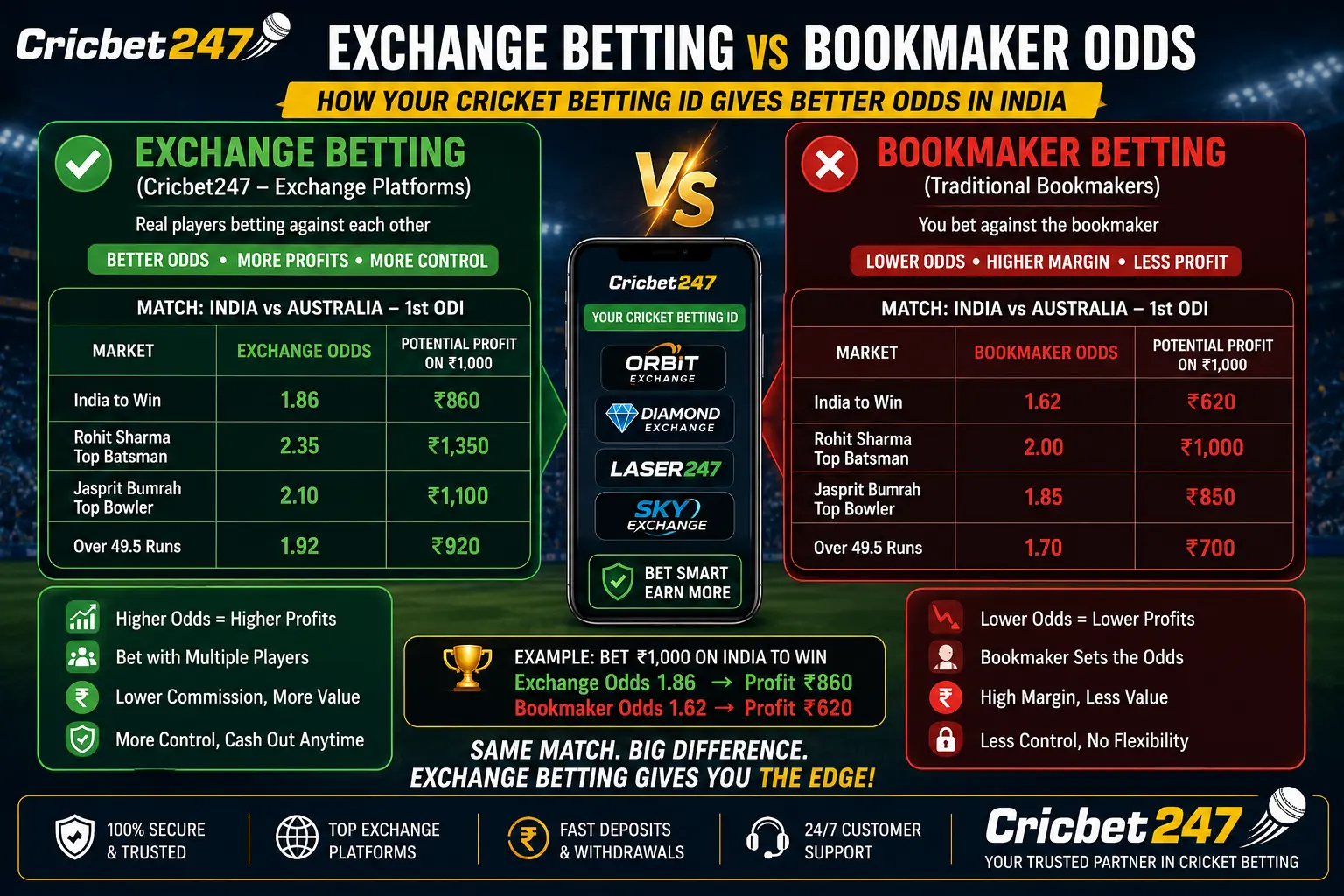 Exchange betting vs bookmaker odds comparison showing how cricket betting ID gives better odds in India