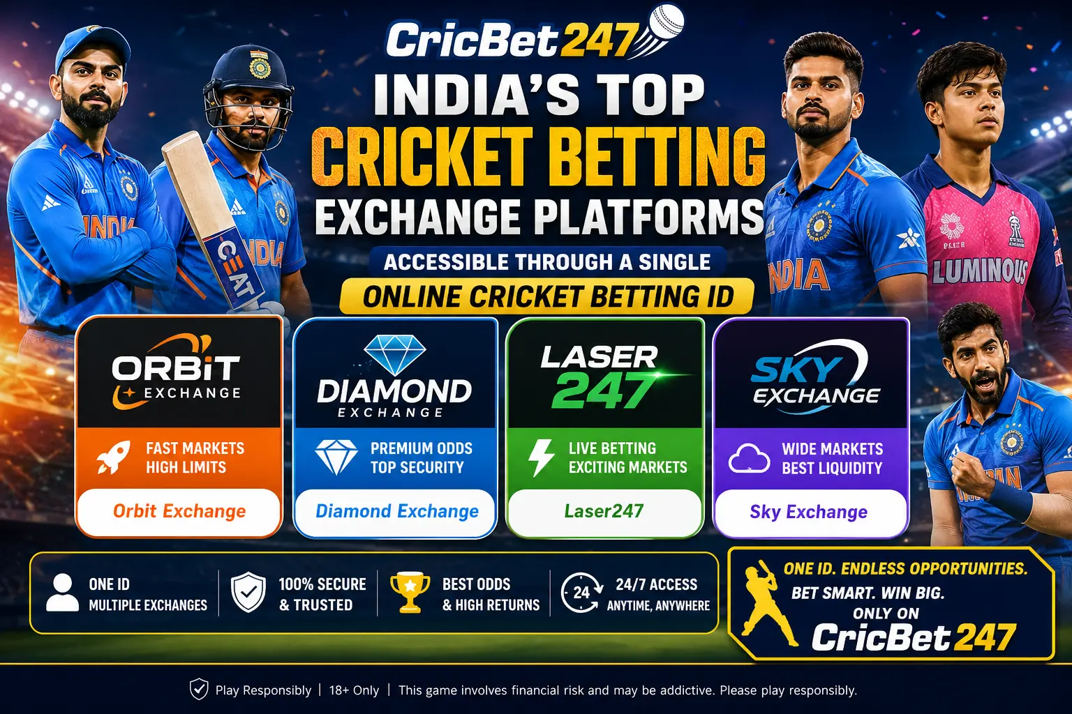India's top cricket betting exchange platforms accessible through a single online cricket betting ID including Orbit Exchange, Diamond Exchange, Laser247, and Sky Exchange