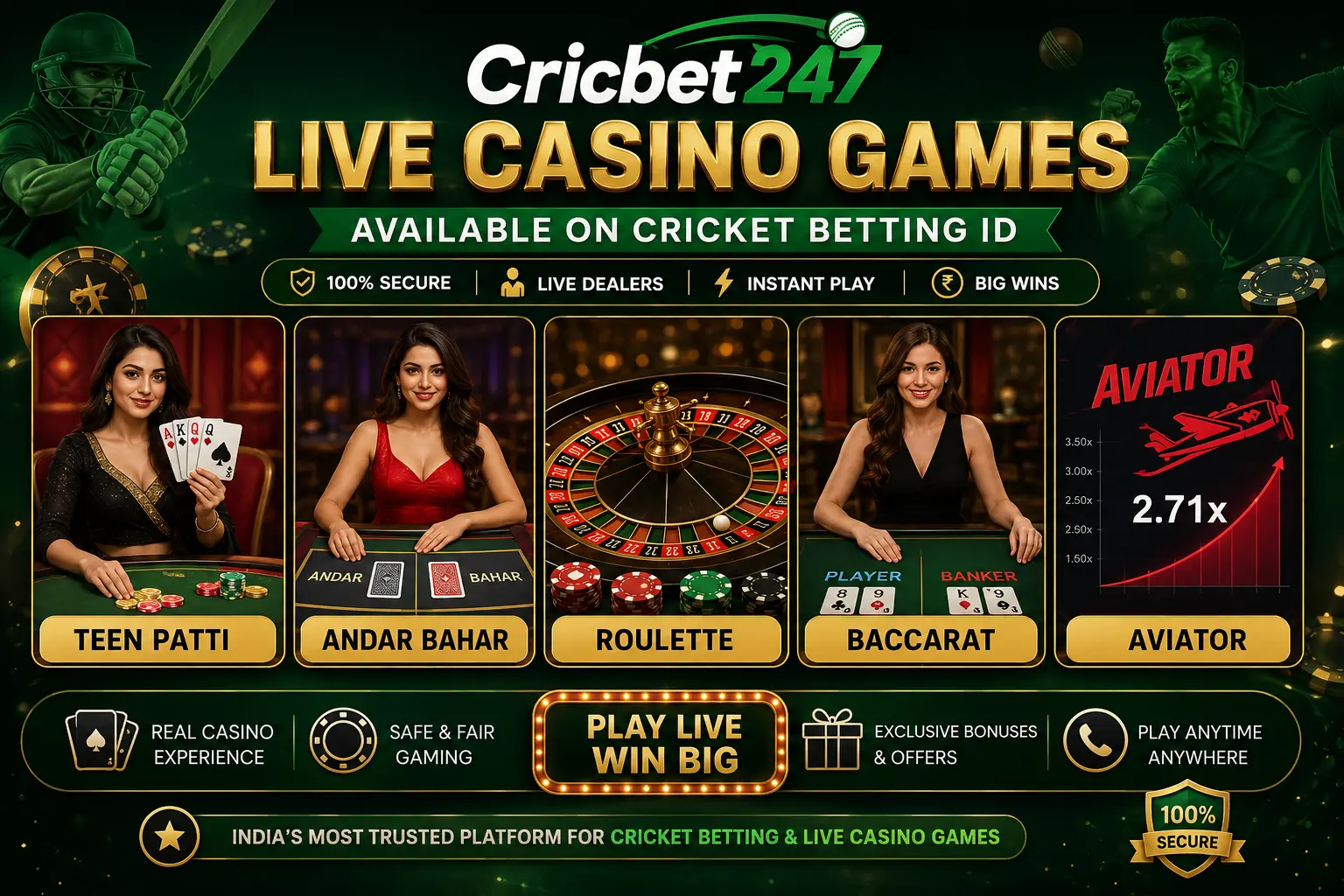 Live casino games available on cricket betting ID including Teen Patti Andar Bahar Roulette Baccarat and Aviator game in India