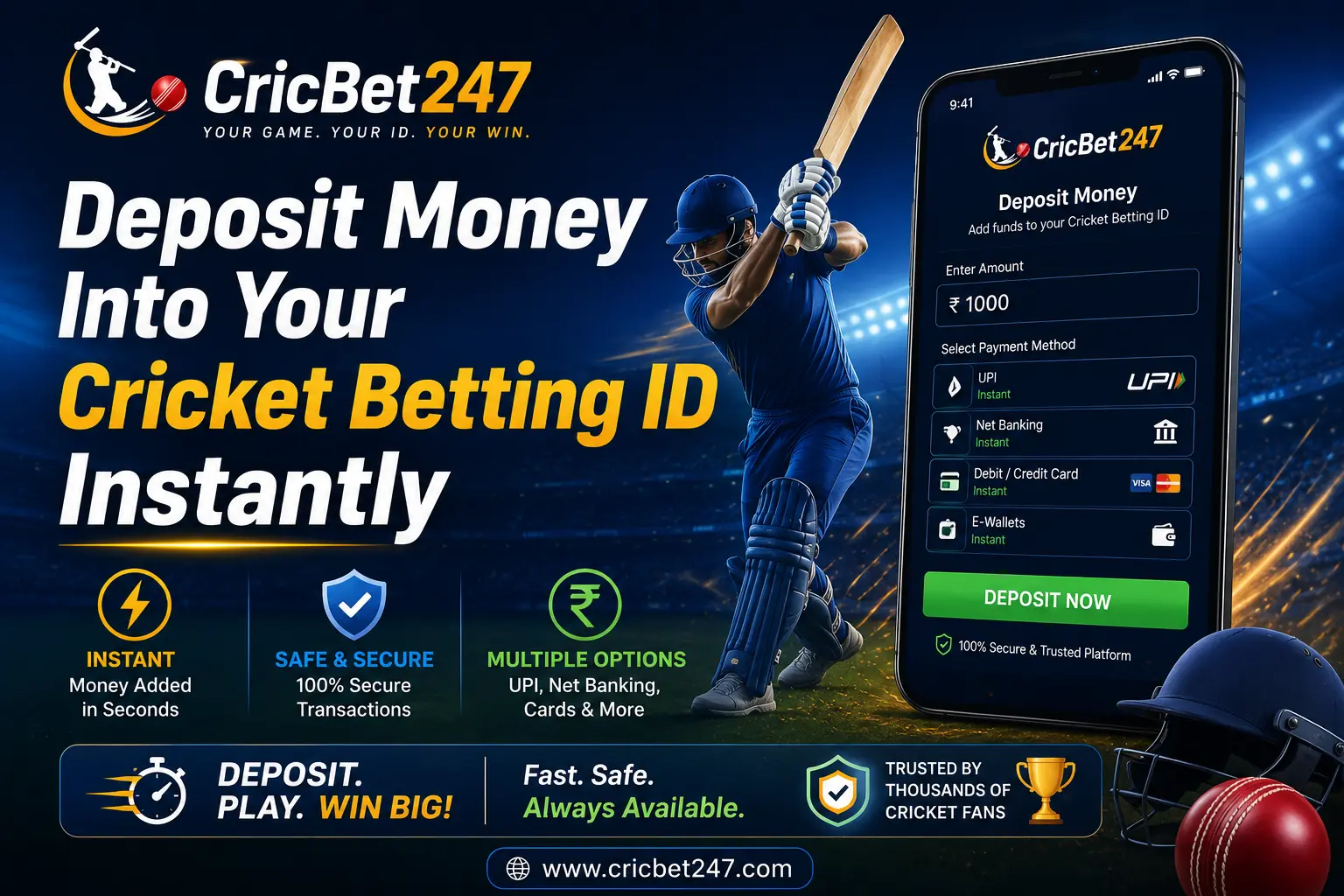 Payment methods accepted for online cricket betting ID deposits showing UPI Google Pay PhonePe Paytm Net Banking and USDT crypto icons on green background with 15-minute withdrawal guarantee badge